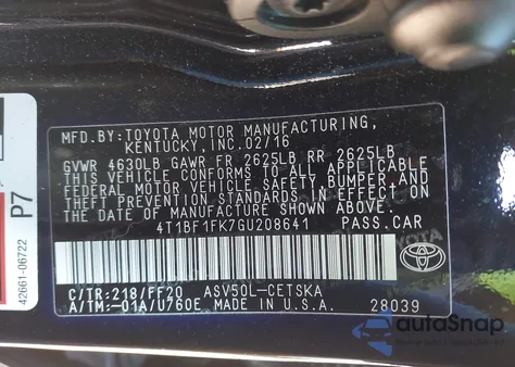 2016 Toyota Camry Se from USA, damaged, VIN 4T1BF1FK7GU208641